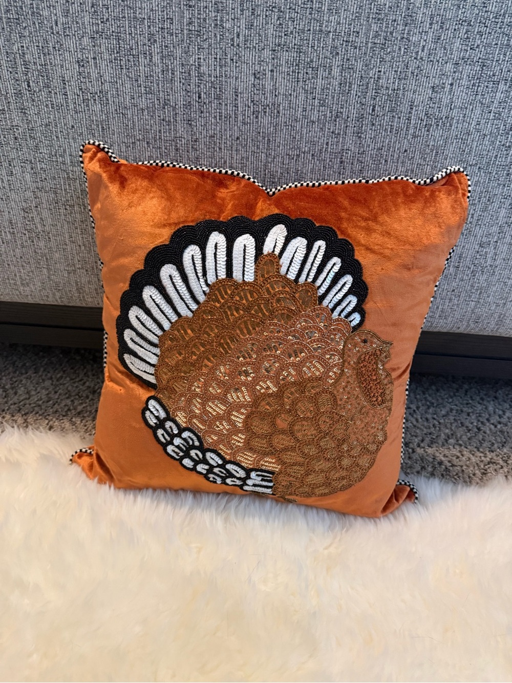Mackenzie Childs Velvet Turkey Accent Pillow in Orange